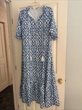 Blue Ikat Maxi Dress with Tassel Tie - NEVER WORN